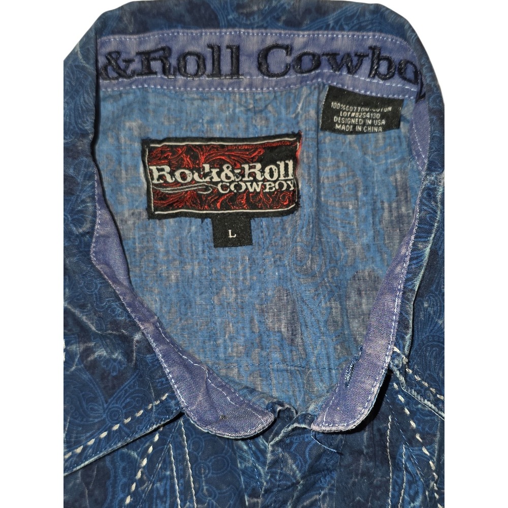 Rock & Roll Cowboy Western Paisley Pearl Snap Shirt Mens L Blue Long Sleeve - Picture 6 of 12